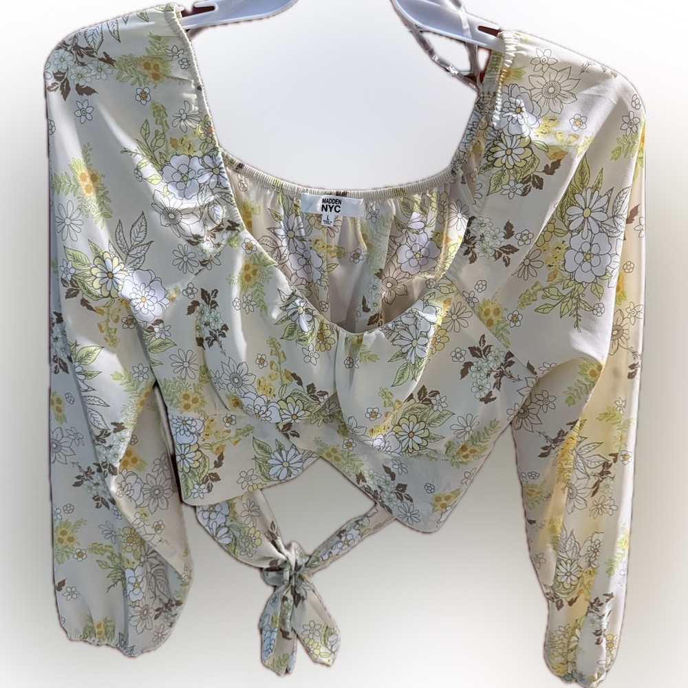 NYC Floral Tie-Front Blouse - Cream and Green